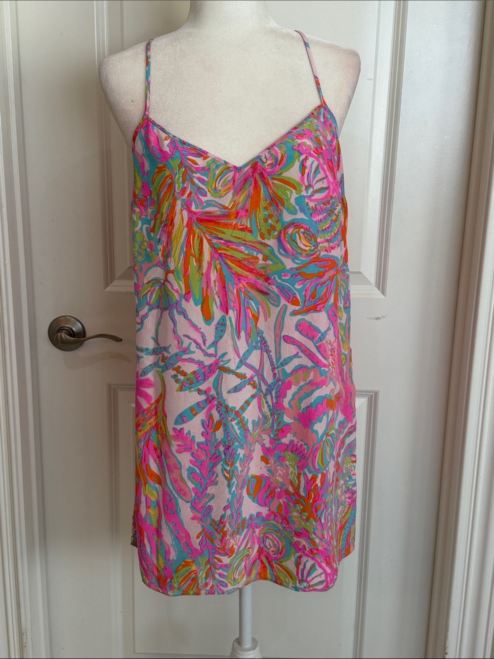 Lilly Pulitzer Pink Multicolor Tropical Print Spaghetti Strap Dress 100% Silk